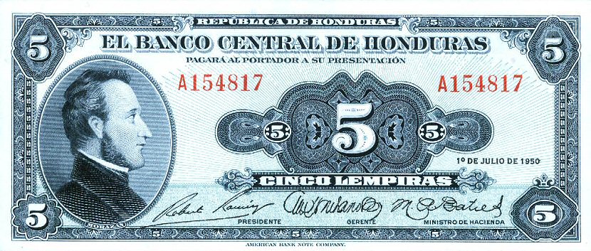 Front of Honduras p46a: 5 Lempiras from 1950