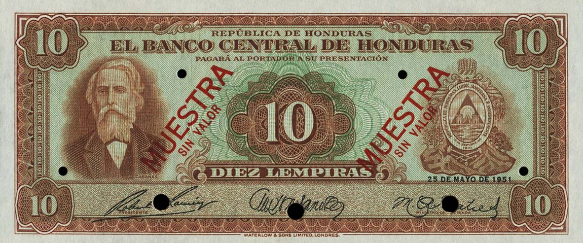 Front of Honduras p47s: 10 Lempiras from 1951