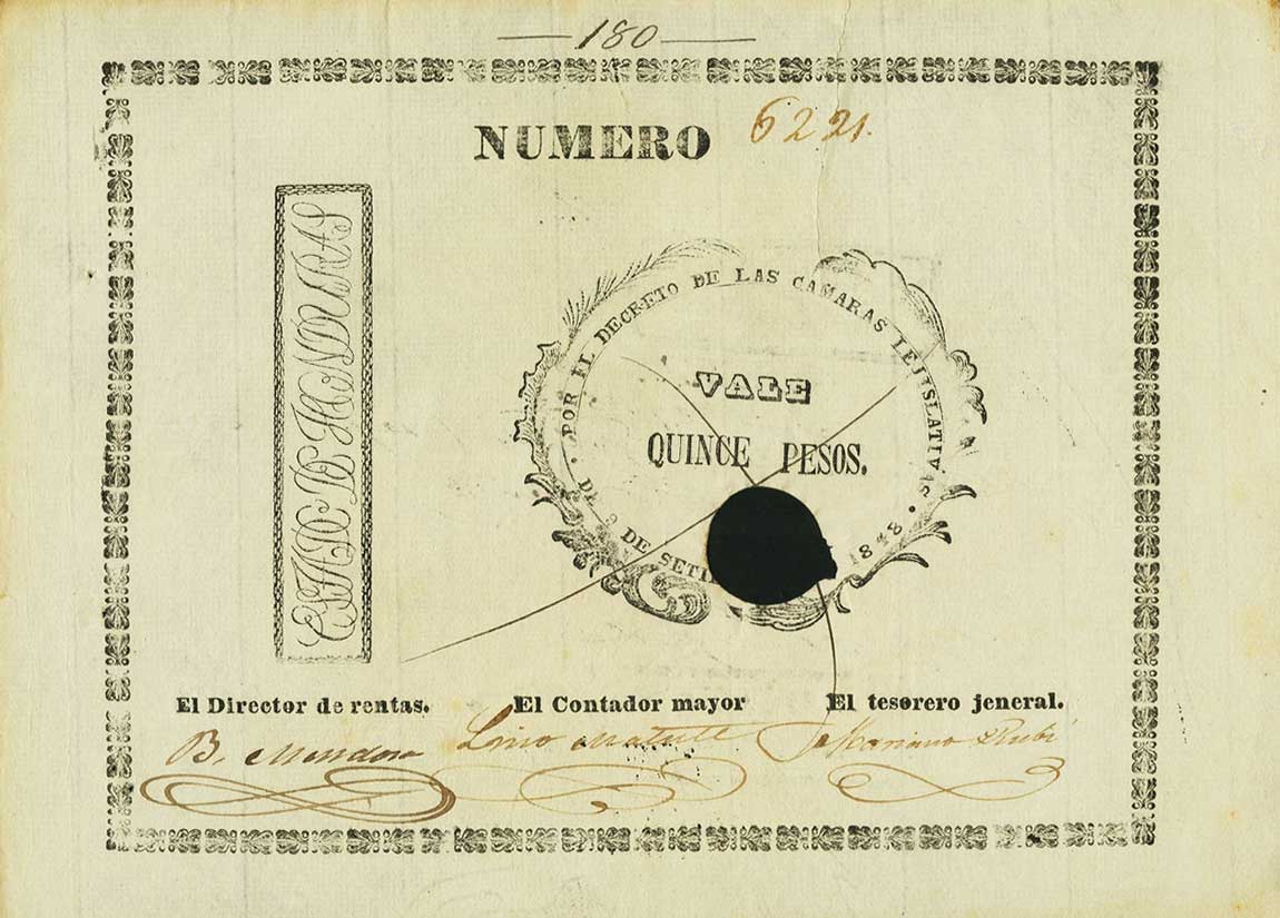 Front of Honduras p4: 15 Pesos from 1848