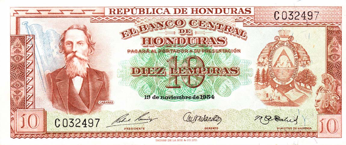 Front of Honduras p52a: 10 Lempiras from 1954