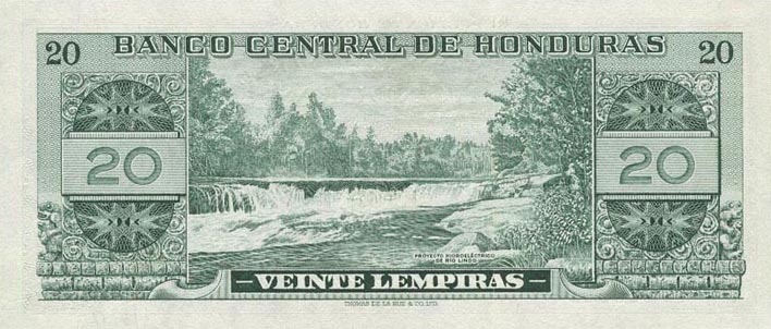 Back of Honduras p53c: 20 Lempiras from 1966