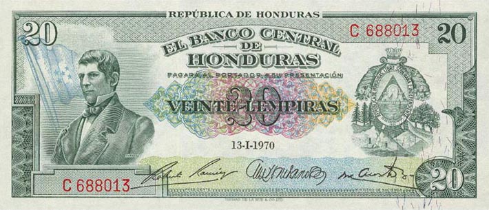 Front of Honduras p53c: 20 Lempiras from 1966