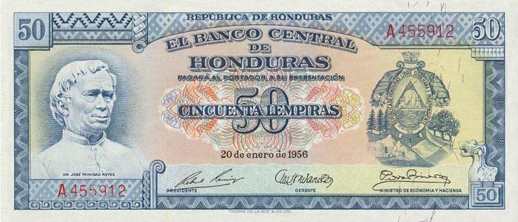 Front of Honduras p54a: 50 Lempiras from 1956