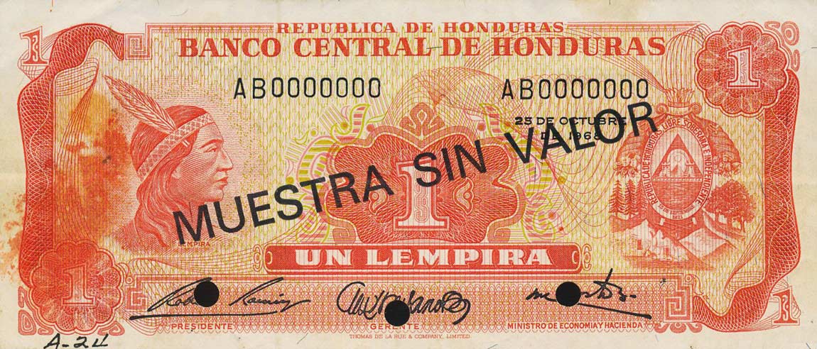 Front of Honduras p55s: 1 Lempira from 1968