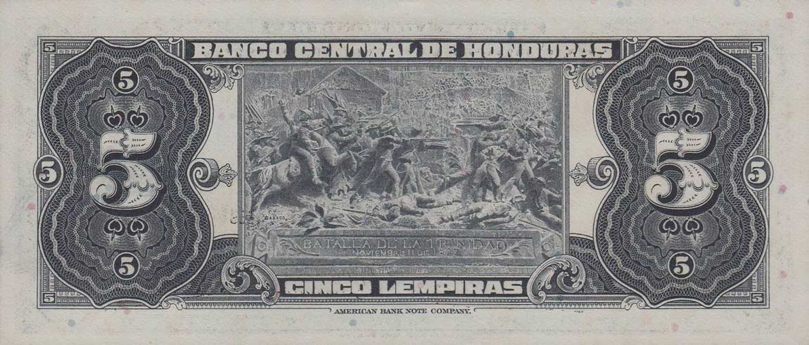 Back of Honduras p56a: 5 Lempiras from 1968