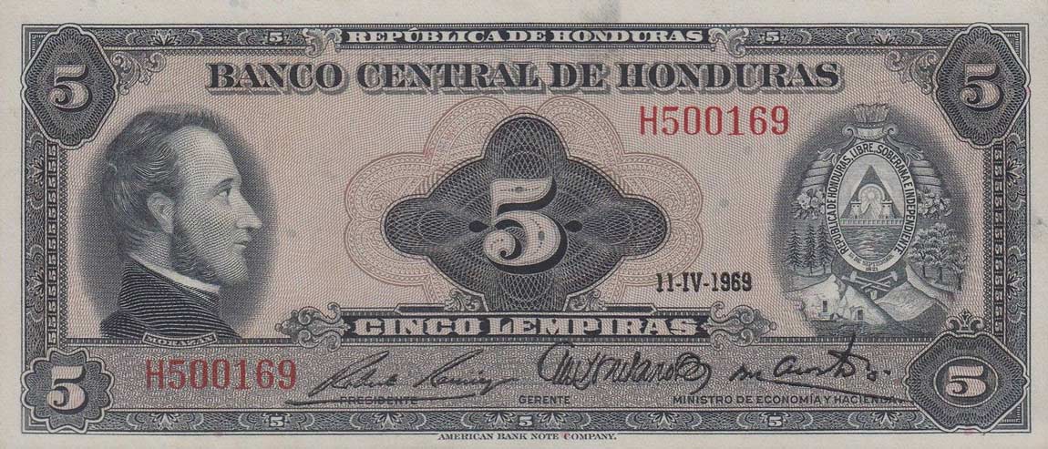Front of Honduras p56a: 5 Lempiras from 1968