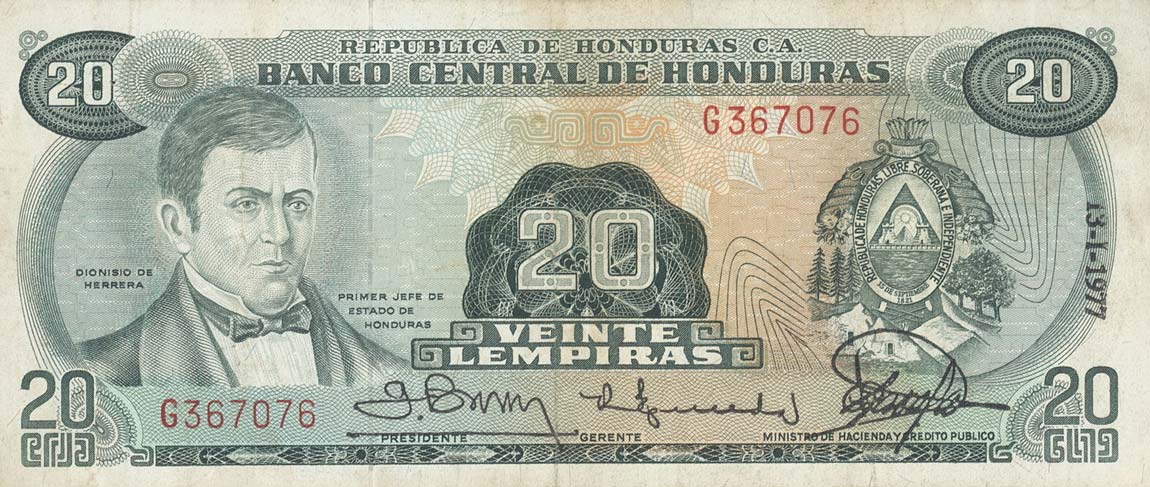 Front of Honduras p60i: 20 Lempiras from 1977