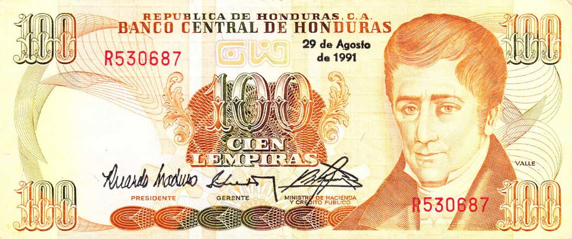 Front of Honduras p69c: 100 Lempiras from 1989