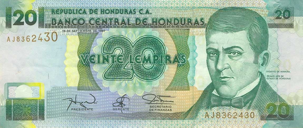 Front of Honduras p73e: 20 Lempiras from 1997