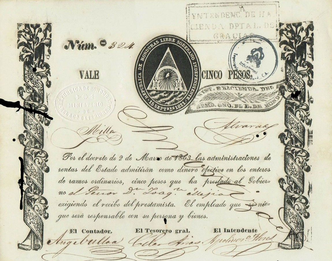 Front of Honduras p7: 5 Pesos from 1863
