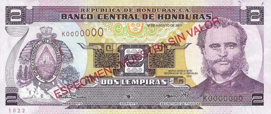 Front of Honduras p80As: 2 Lempiras from 1998