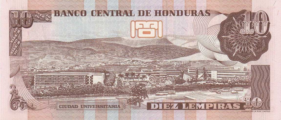 Back of Honduras p82a: 10 Lempiras from 1996