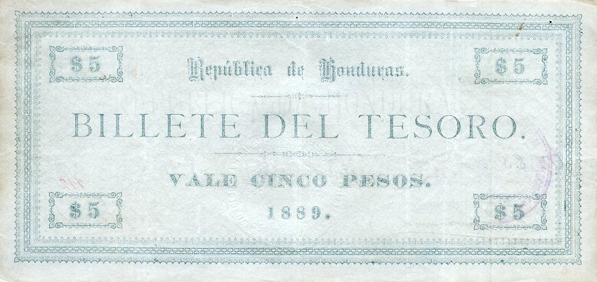 Back of Honduras p9: 5 Pesos from 1889
