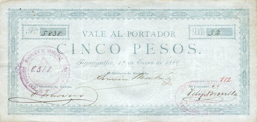 Front of Honduras p9: 5 Pesos from 1889