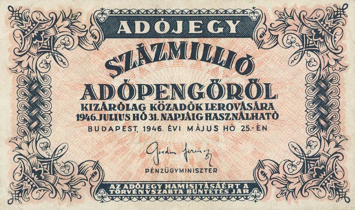 Front of Hungary p142c: 100000000 Adopengo from 1946