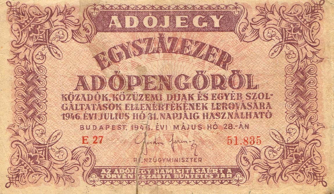 Front of Hungary p144a: 100000 Adopengo from 1946