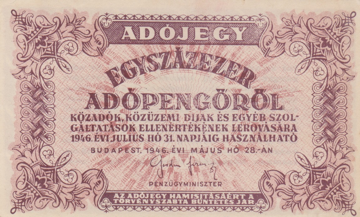 Front of Hungary p144e: 100000 Adopengo from 1946