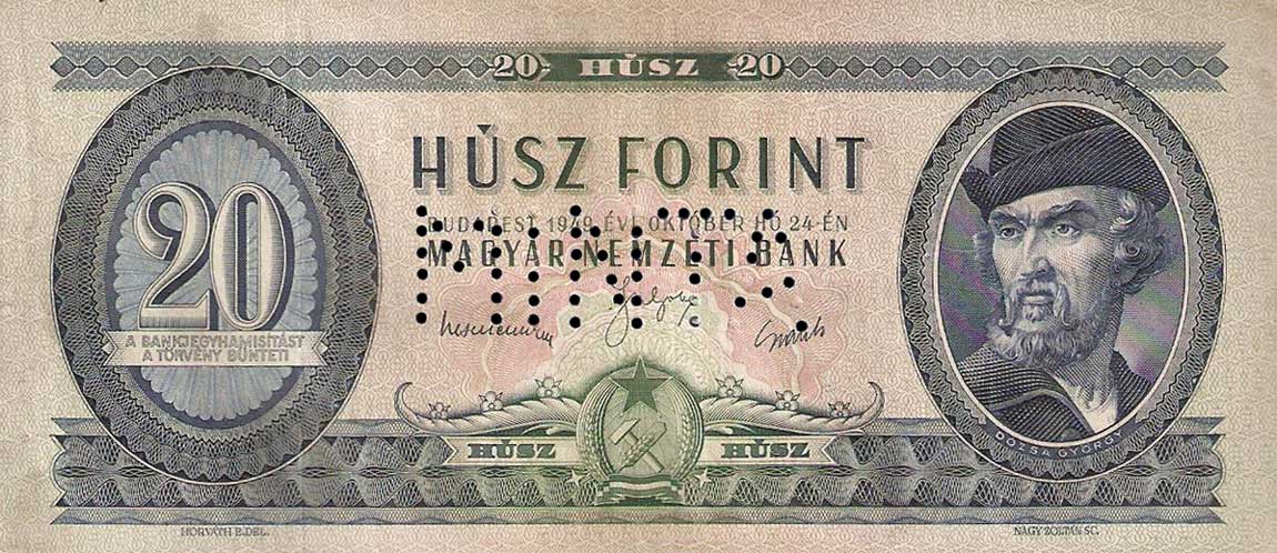 Front of Hungary p165s: 20 Forint from 1949