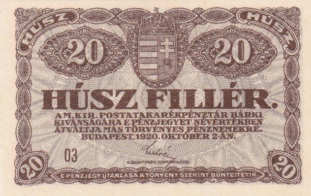 Front of Hungary p43: 20 Filler from 1920