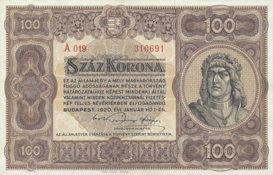 Front of Hungary p63a: 100 Korona from 1920