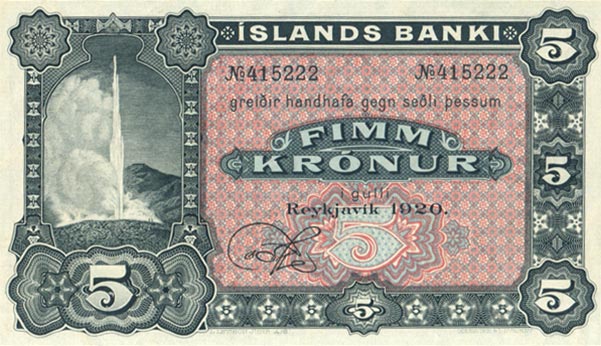 Front of Iceland p15r: 5 Kronur from 1920