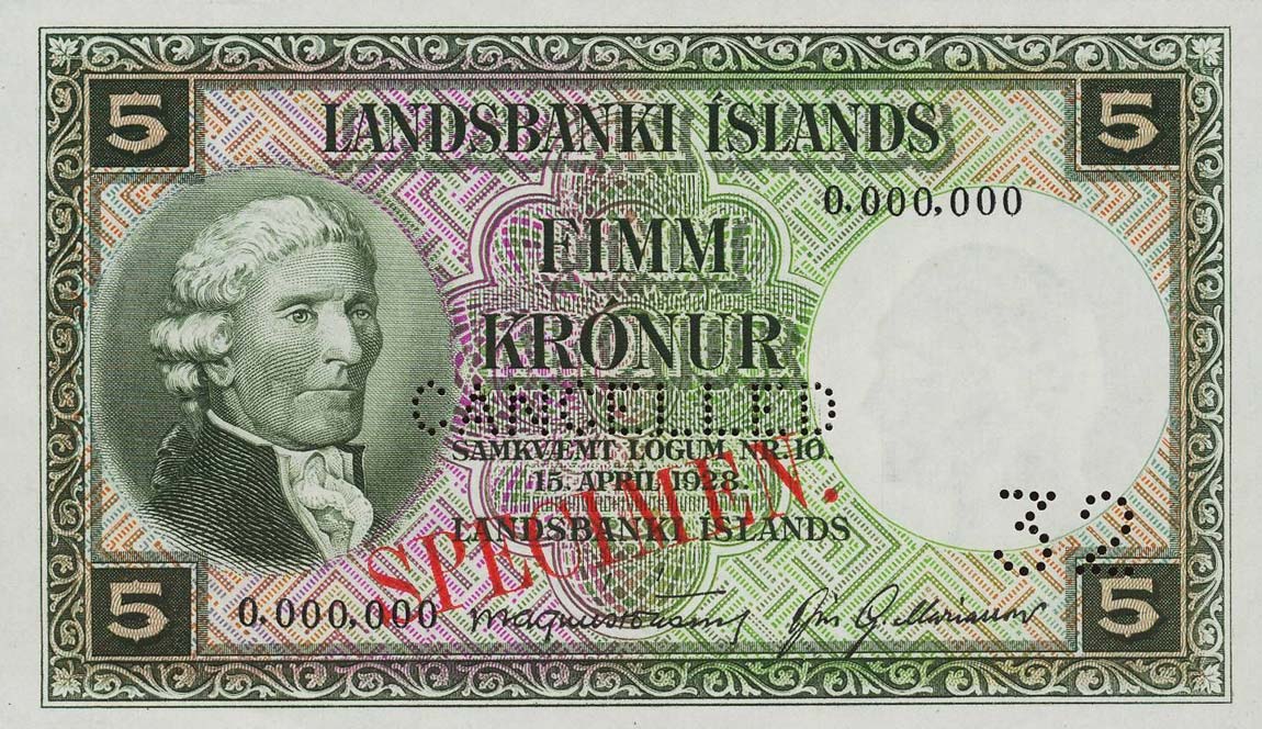 Front of Iceland p32s: 5 Kronur from 1928