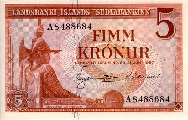 Front of Iceland p37b: 5 Kronur from 1957