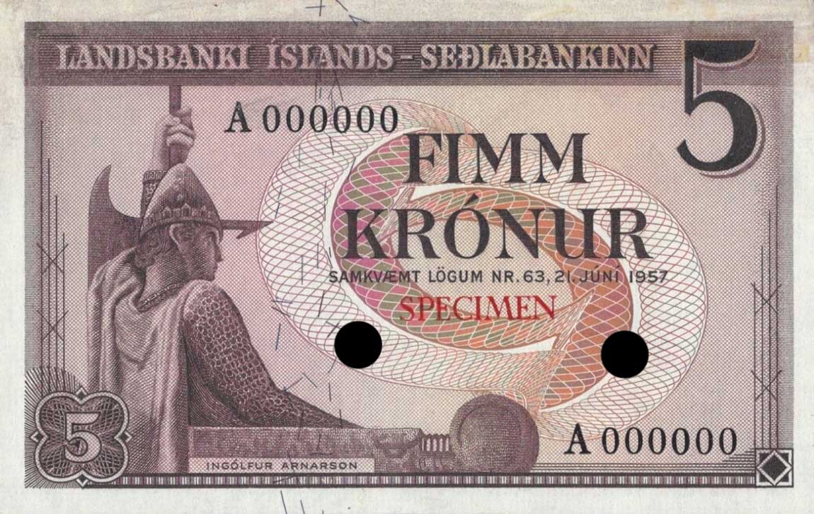 Front of Iceland p37ct: 5 Kronur from 1957
