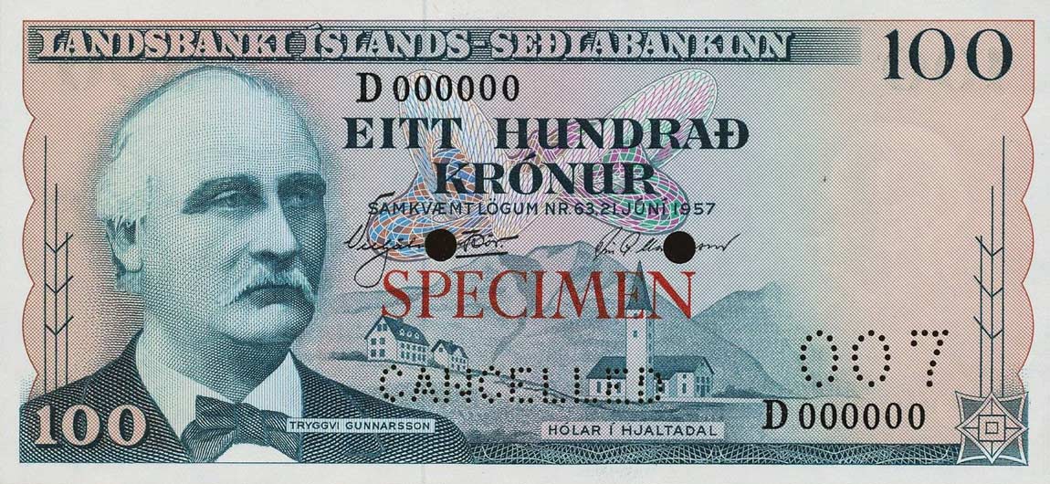 Front of Iceland p40s: 100 Kronur from 1957