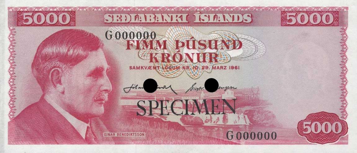Front of Iceland p47ct: 5000 Kronur from 1961