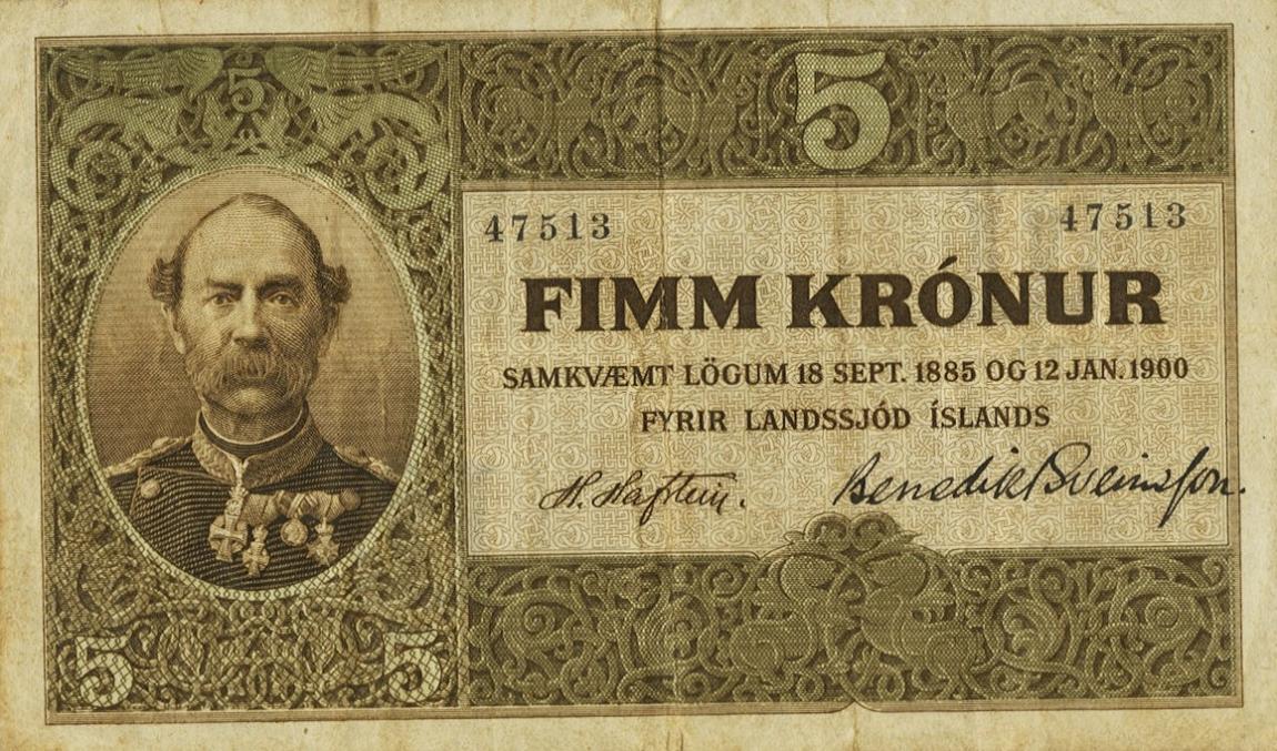 Front of Iceland p4a: 5 Kronur from 1885