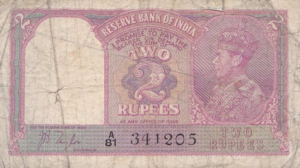 Front of India p17a: 2 Rupees from 1937