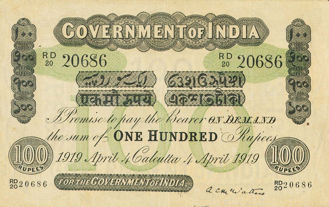 Front of India pA17f: 100 Rupees from 1918