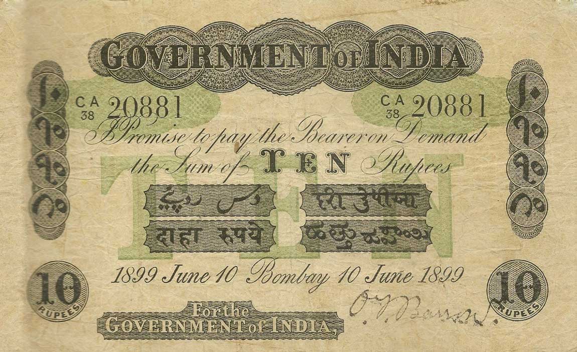Front of India pA7g: 10 Rupees from 1899