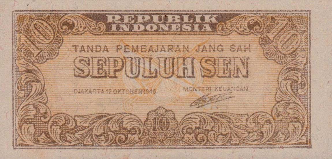 Front of Indonesia p15a: 10 Sen from 1945