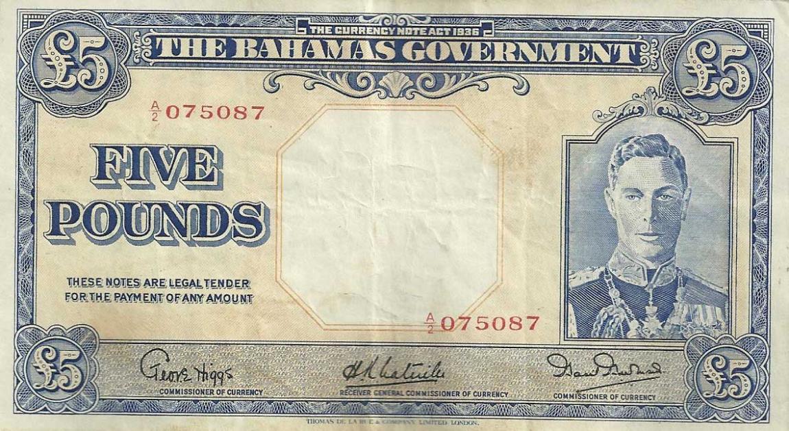 Front of Bahamas p12b: 5 Pounds from 1936