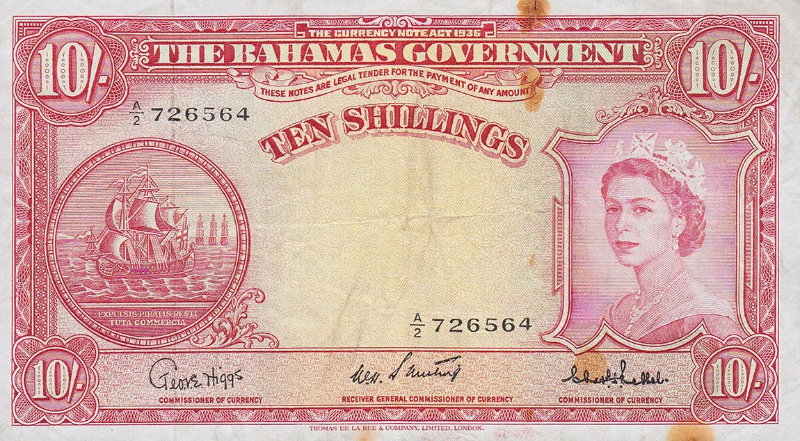 Front of Bahamas p14c: 10 Shillings from 1953
