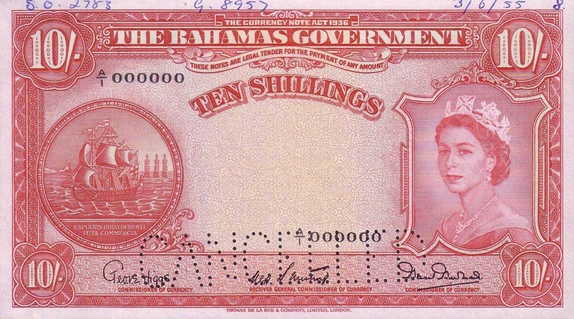 Front of Bahamas p14s: 10 Shillings from 1953