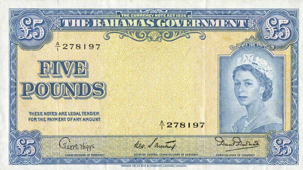 Front of Bahamas p16b: 5 Pounds from 1953