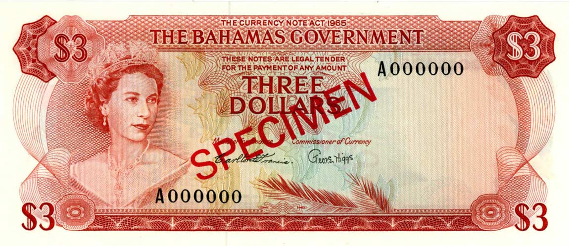 Front of Bahamas p19s: 3 Dollars from 1965