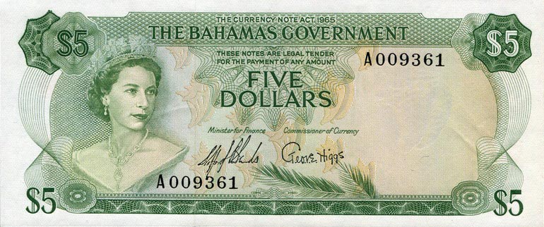 Front of Bahamas p20a: 5 Dollars from 1965