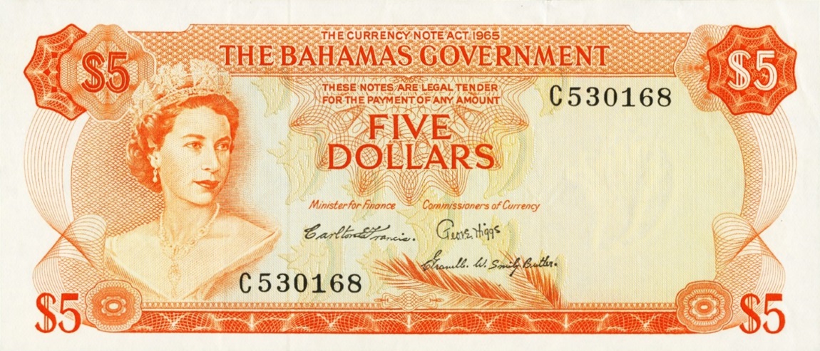 Front of Bahamas p21b: 5 Dollars from 1965