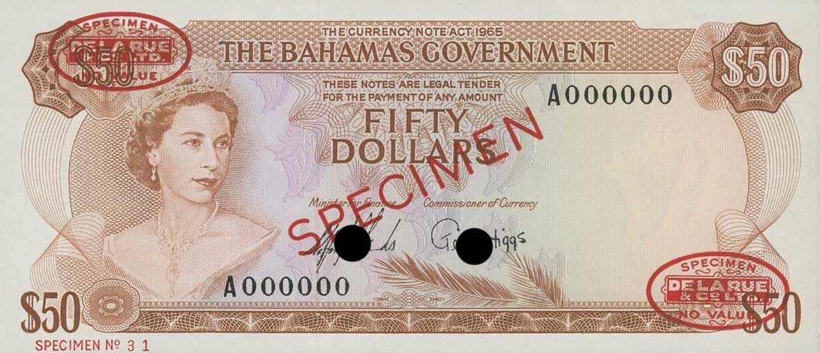 Front of Bahamas p24s: 50 Dollars from 1965
