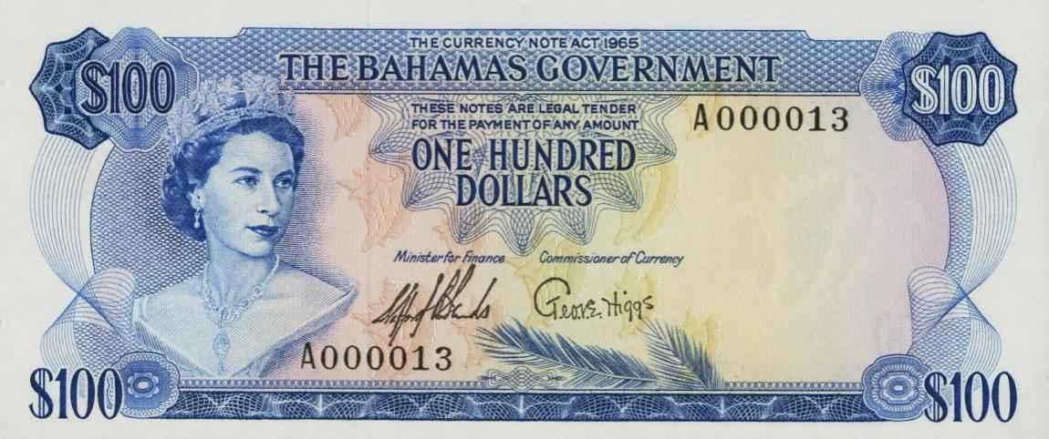 Front of Bahamas p25a: 100 Dollars from 1965