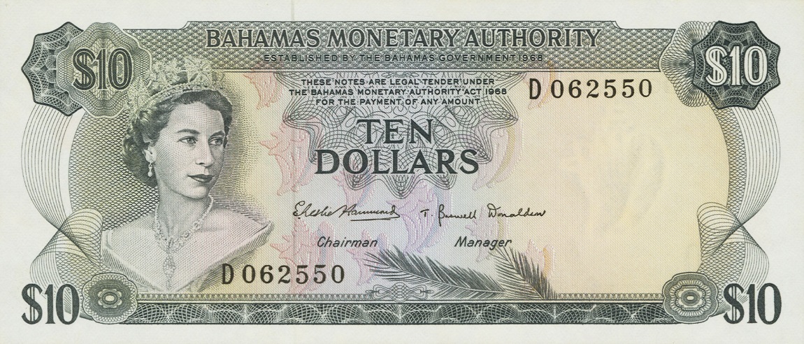 Front of Bahamas p30a: 10 Dollars from 1968