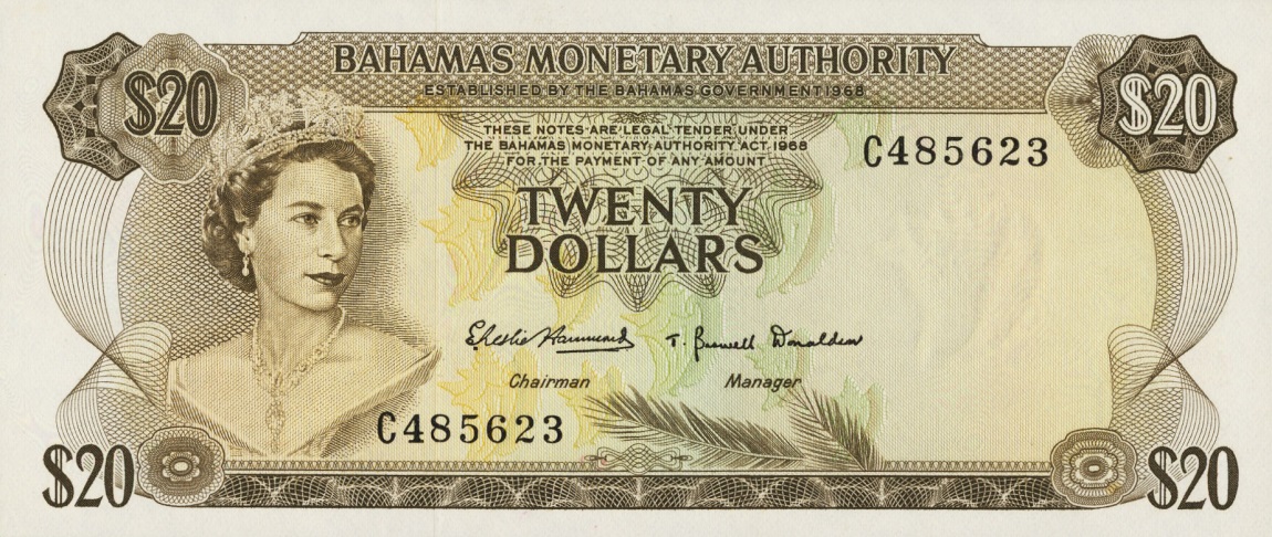 Front of Bahamas p31a: 20 Dollars from 1968