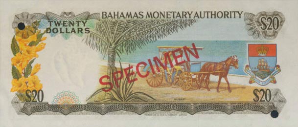 Back of Bahamas p31s: 20 Dollars from 1968