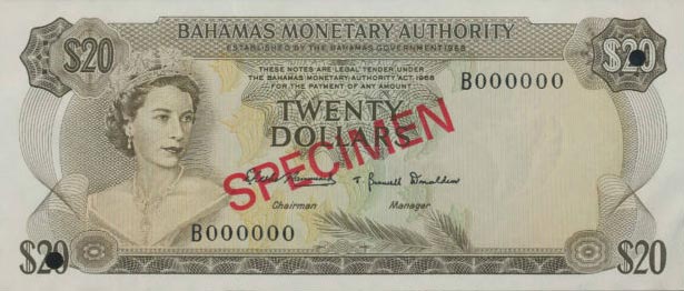 Front of Bahamas p31s: 20 Dollars from 1968