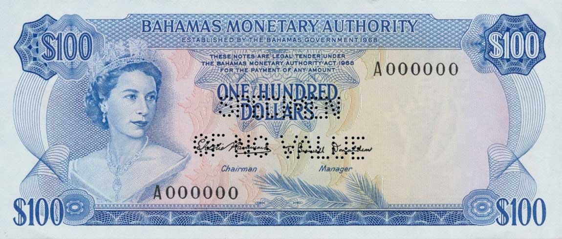 Front of Bahamas p33s: 100 Dollars from 1968
