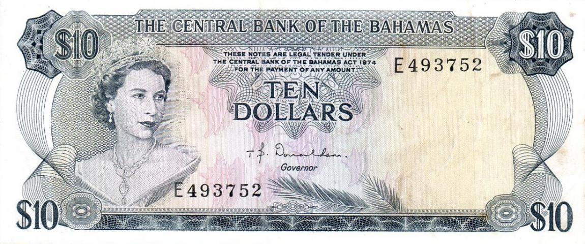 Front of Bahamas p38a: 10 Dollars from 1974